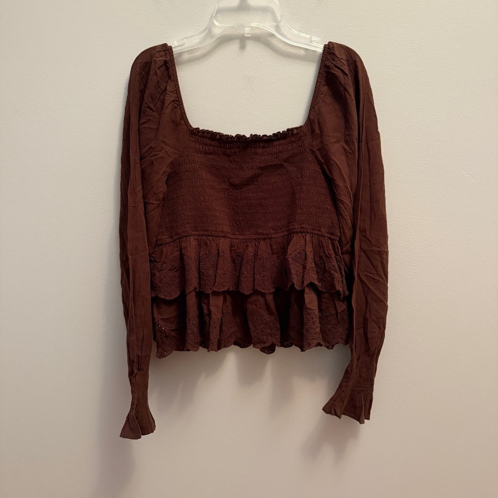 American Eagle Long Sleeve Smocked Tiered Top Brown Size Small - Picture 3 of 3
